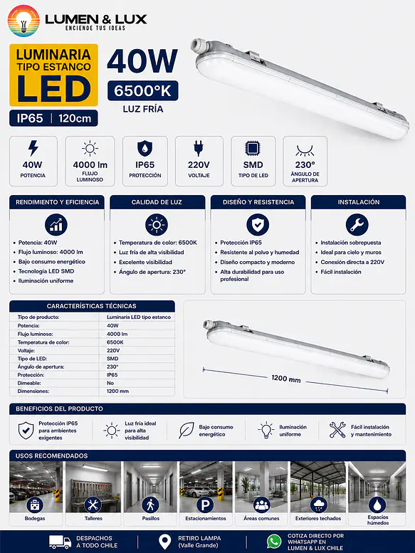 Equipo Estanco LED 40W Luz Fria 6500K IP65 120cm 2