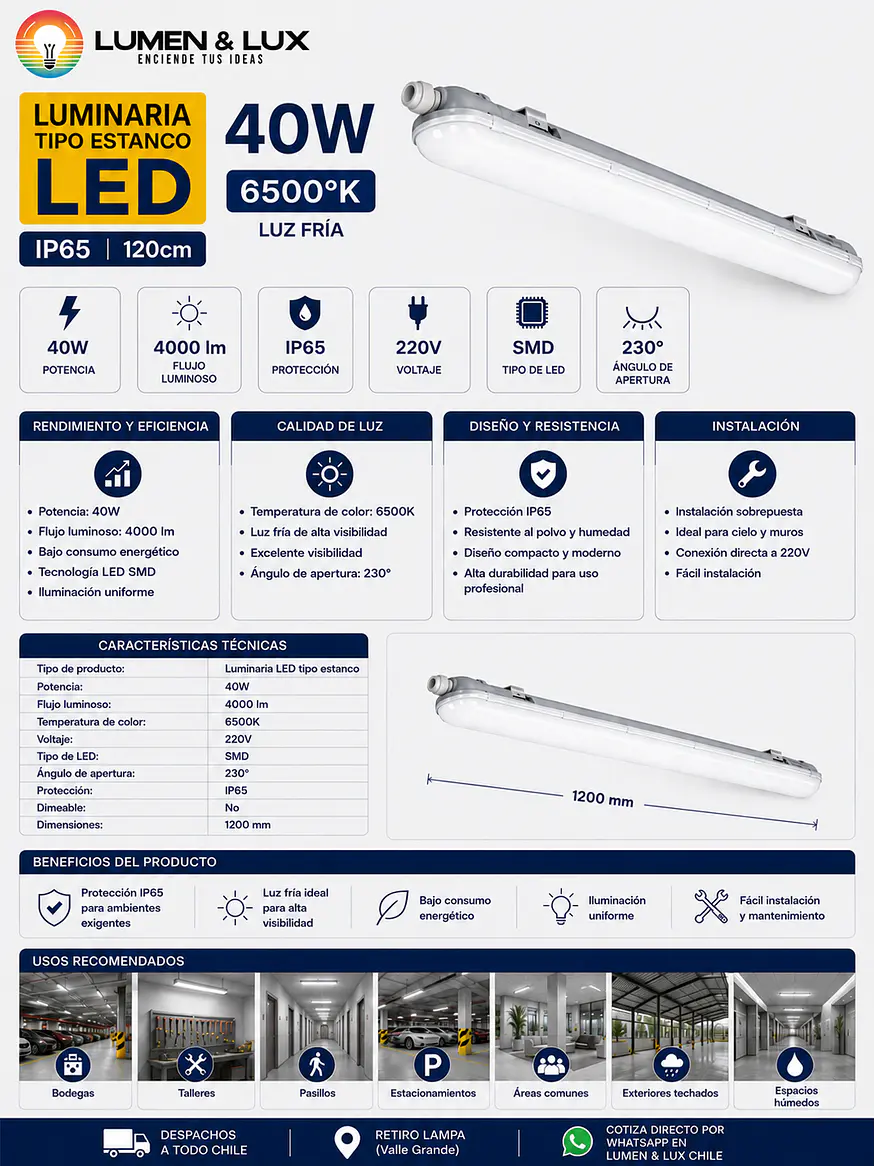 Equipo Estanco LED 40W Luz Fria 6500K IP65 120cm 2