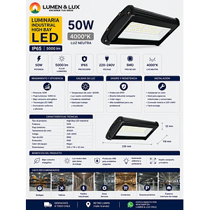 Luminaria Industrial High Bay 50W Luz Neutra 4000K IP65