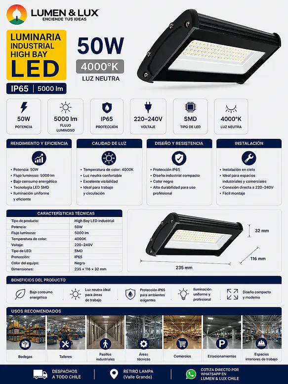 Luminaria Industrial High Bay 50W Luz Neutra 4000K IP65 2