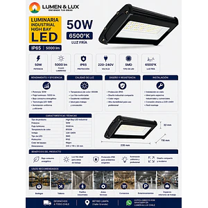 Luminaria Industrial High Bay 50W Luz Fria 6500K IP65