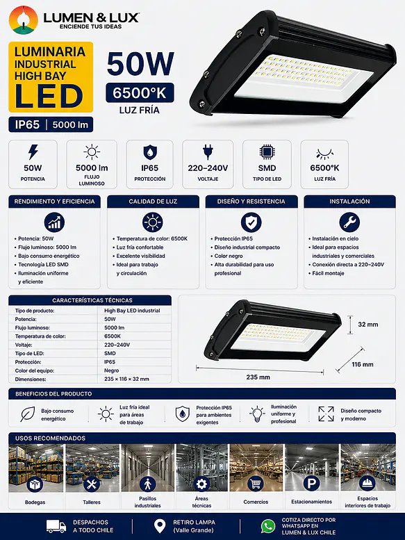 Luminaria Industrial High Bay 50W Luz Fria 6500K IP65 2