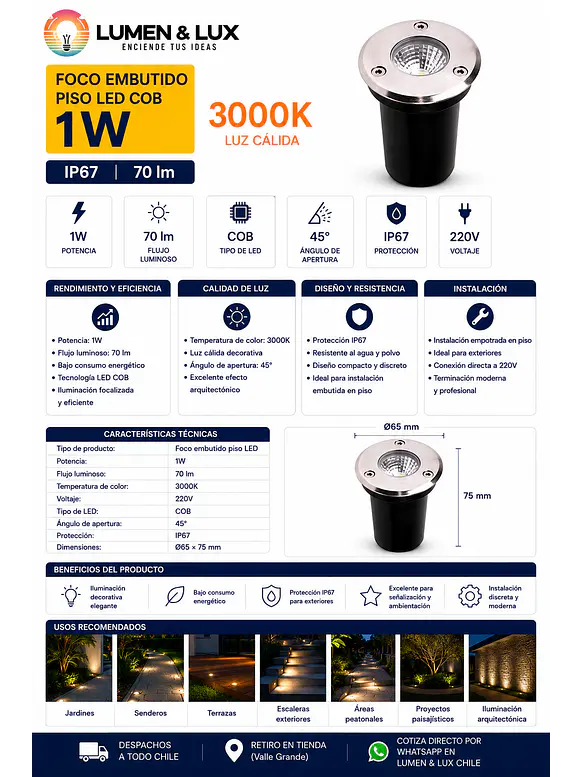 Foco Embutido Piso LED COB 1W 3000K IP67 2