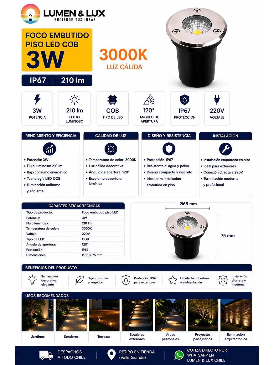 Foco Embutido Piso LED COB 3W Luz Cálida 3000K IP67 2