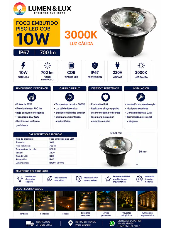 Foco Embutido Piso LED COB 10W 3000K IP67 2