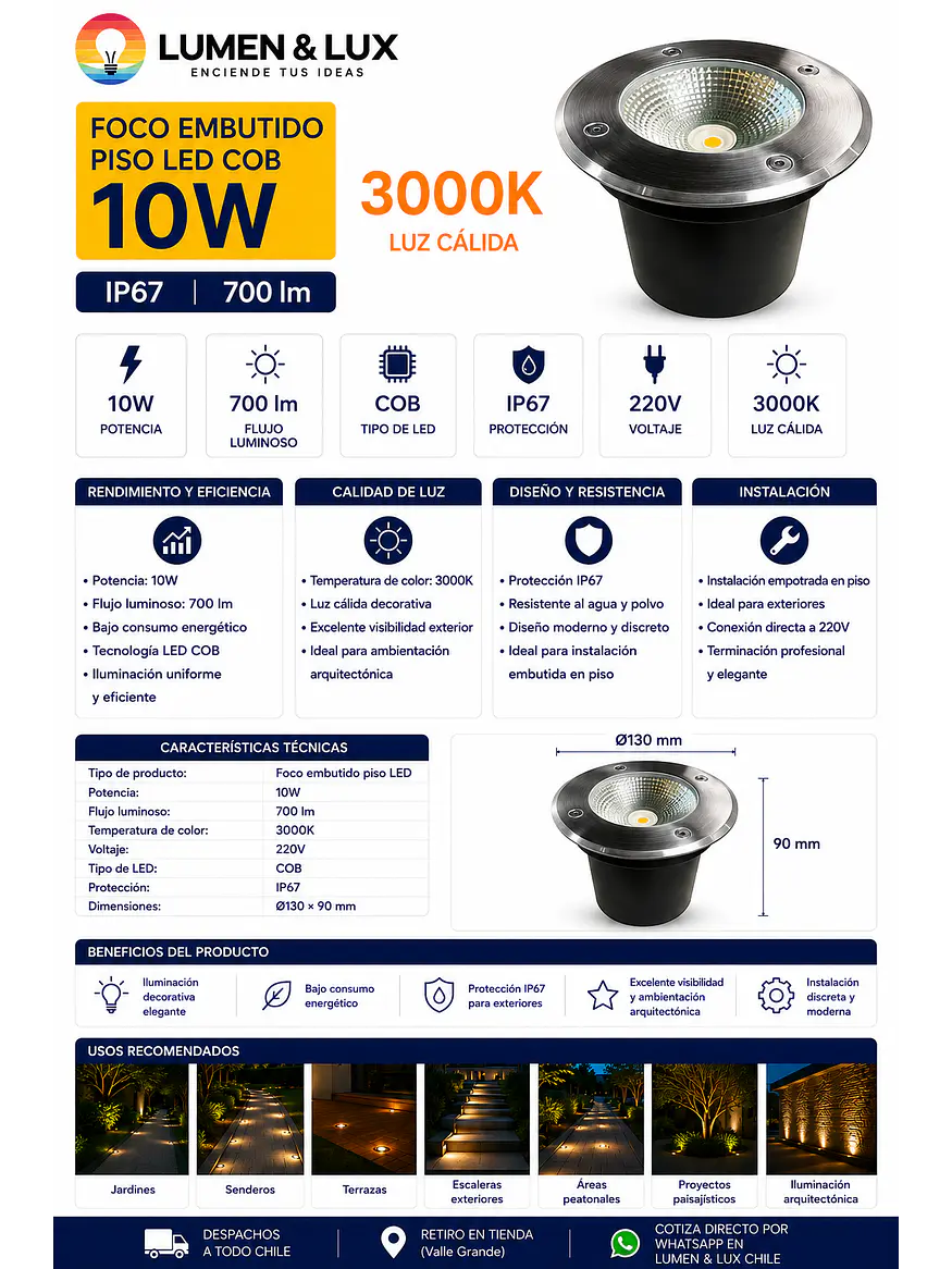 Foco Embutido Piso LED COB 10W 3000K IP67 2