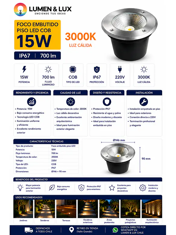 Foco Embutido Piso LED COB 15W 3000K IP67 2