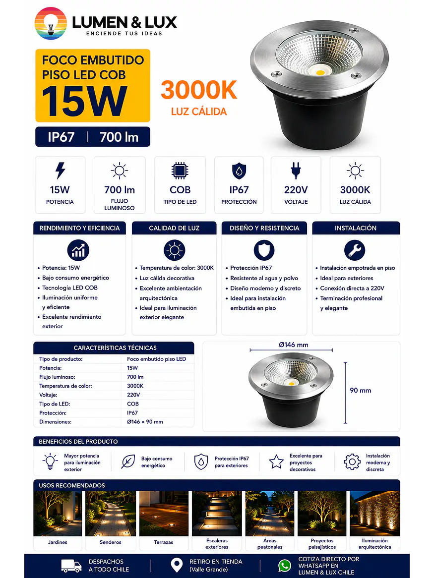 Foco Embutido Piso LED COB 15W 3000K IP67 2