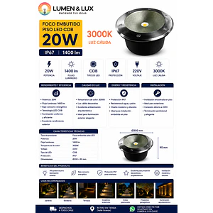 Foco Embutido Piso LED COB 20W Luz Cálida 3000K IP67
