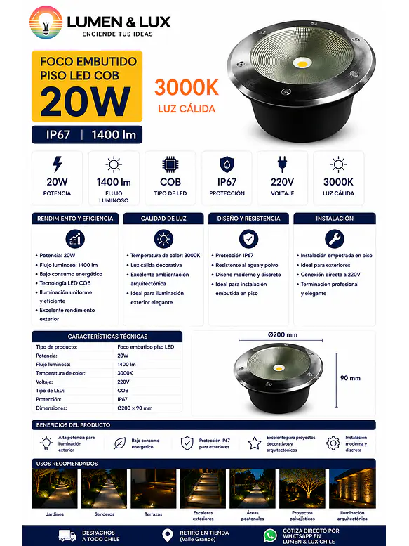 Foco Embutido Piso LED COB 20W Luz Cálida 3000K IP67 2