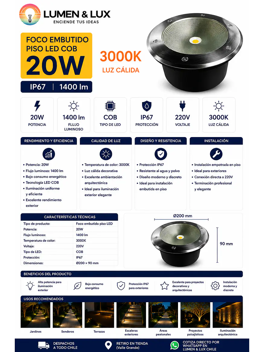 Foco Embutido Piso LED COB 20W Luz Cálida 3000K IP67 2