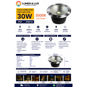 Foco Embutido Piso LED COB 30W Luz Cálida 3000K IP67