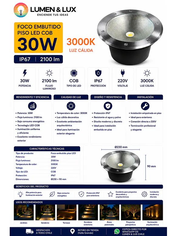 Foco Embutido Piso LED COB 30W Luz Cálida 3000K IP67 2