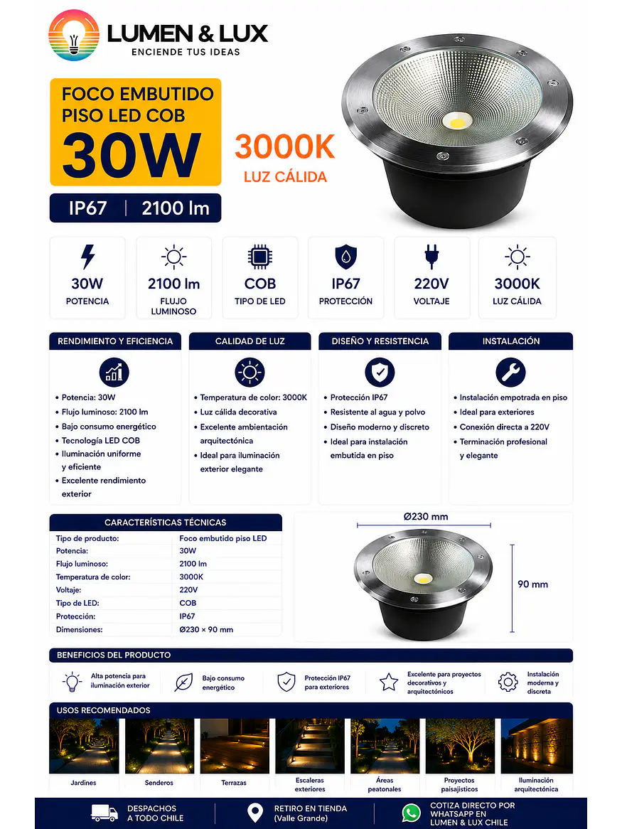 Foco Embutido Piso LED COB 30W Luz Cálida 3000K IP67 2