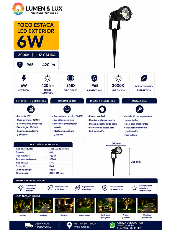 Foco Estaca LED Exterior 6W 3000K IP65 Jardín 2