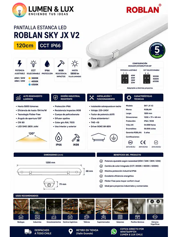 Equipo Estanco LED ROBLAN SKY JX V2 120cm CCT IP66 (Luz Cálida, Neutra, Fria)  6