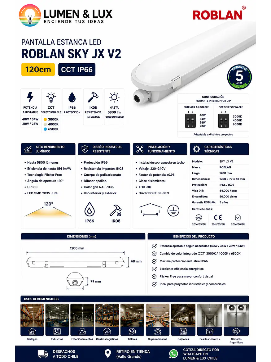 Equipo Estanco LED ROBLAN SKY JX V2 120cm CCT IP66 (Luz Cálida, Neutra, Fria)  6