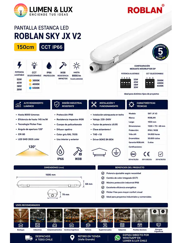 Equipo Estanco LED ROBLAN SKY JX V2 150cm CCT IP66 8