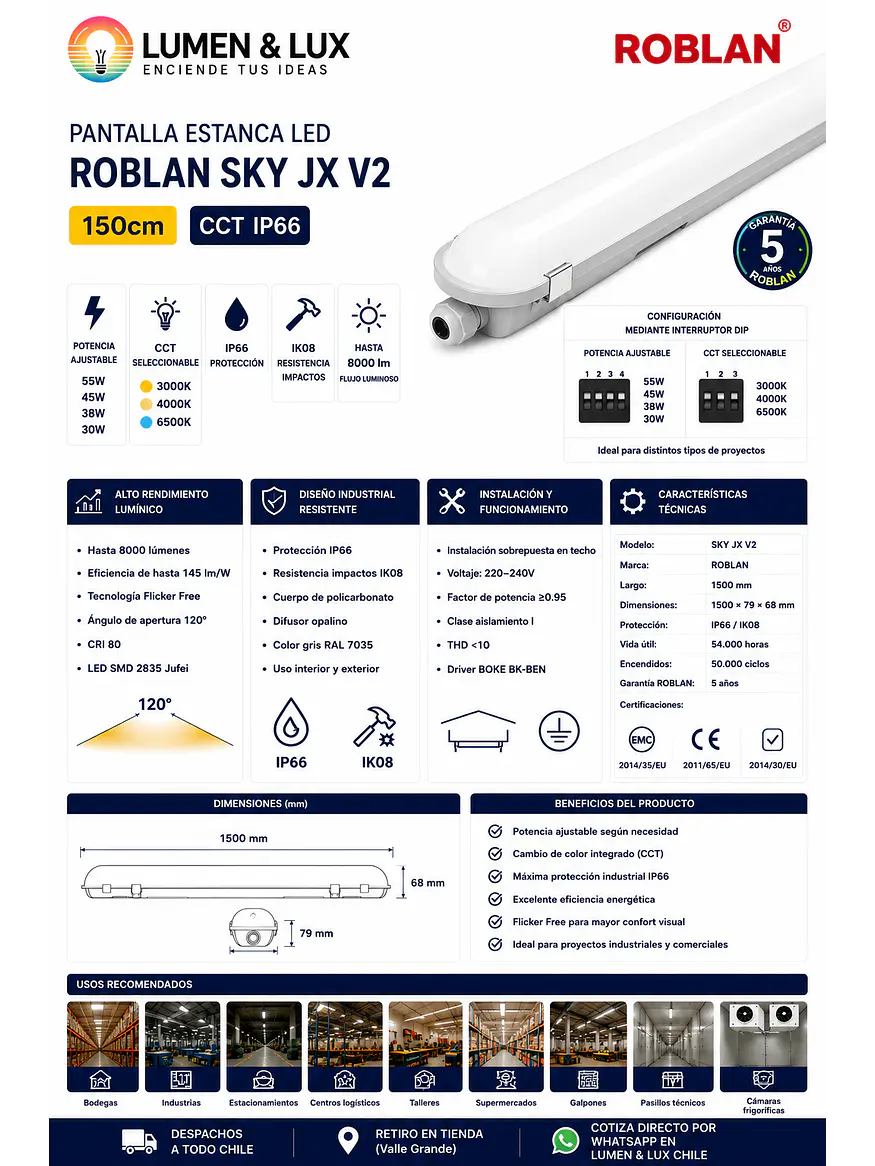 Equipo Estanco LED ROBLAN SKY JX V2 150cm CCT IP66 8