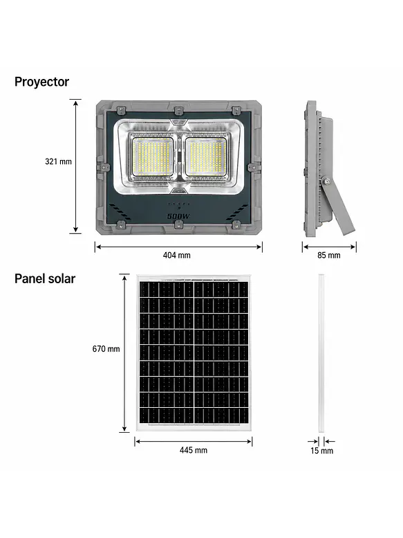 Proyector Solar LED ALTA POTENCIA 500W Luz Fría IP65 Cable 4 Metros 3