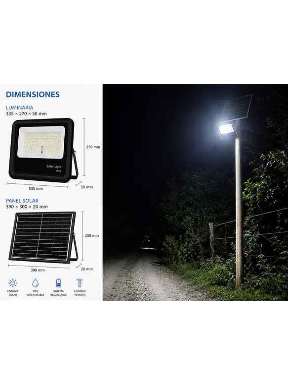 Proyector Solar LED 300W Luz Fría IP65 Control Remoto 3