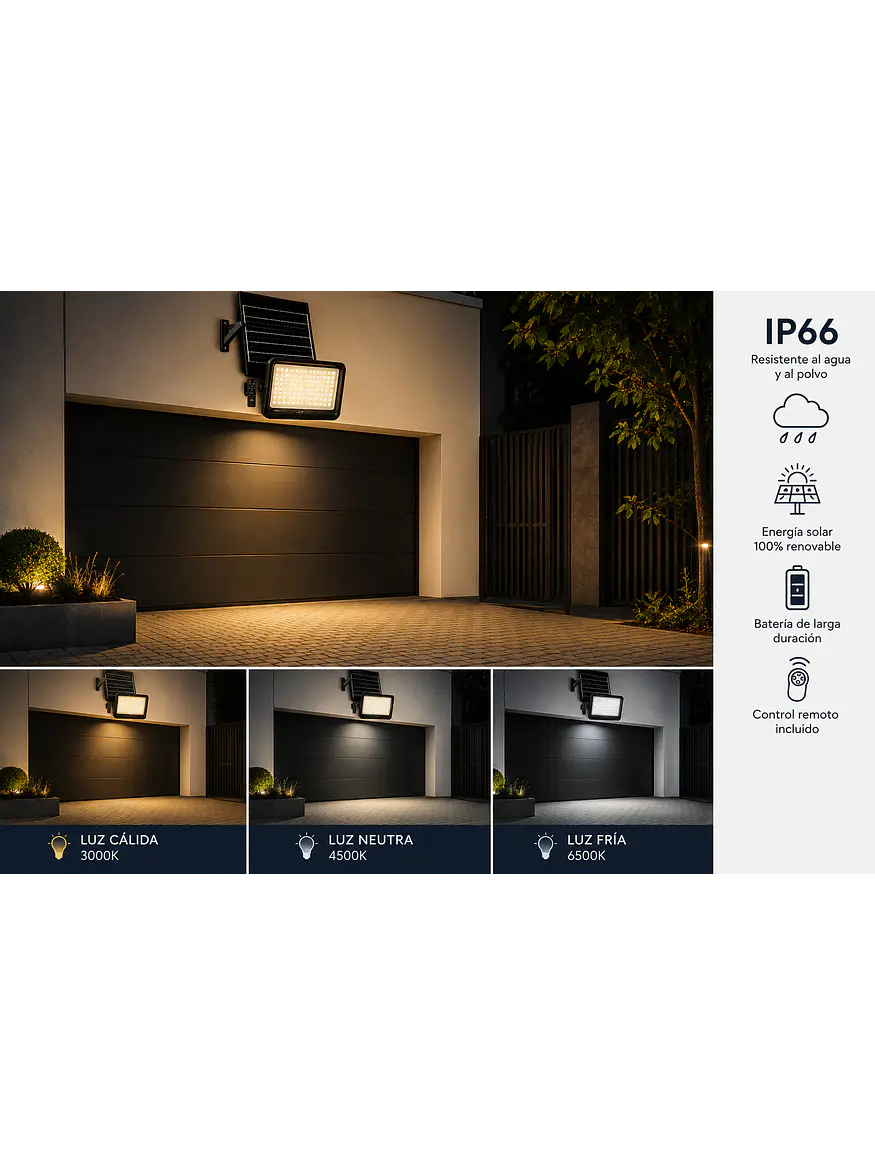 Proyector Solar LED EcoLuz Plus 150W Luz Cálida / Luz Neutra / Luz Fría IP66  2