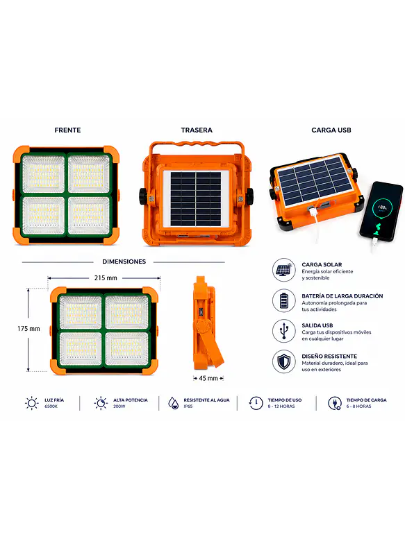 Luminaria Solar Portátil S19 200W Luz Fría / Luz Cálida Emergencia IP65 3