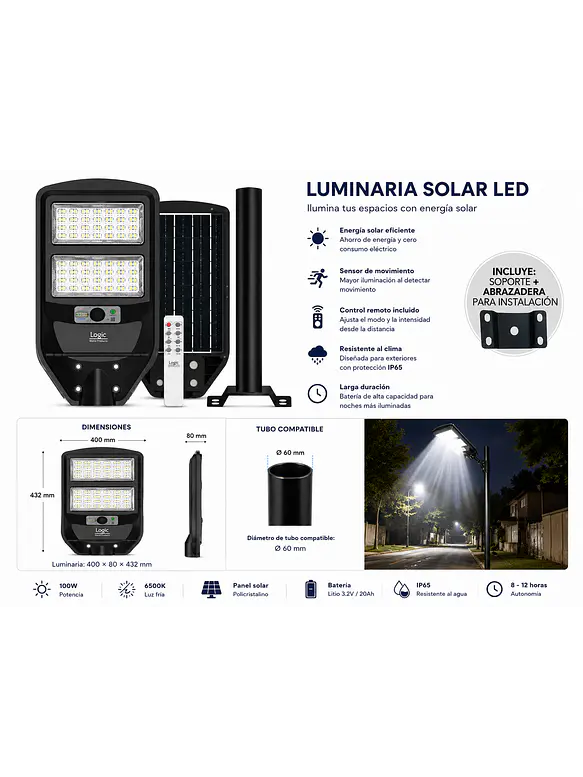 Luminaria Solar Peatonal S02 NEW 100W Luz Fría Sensor Movimiento IP65 3