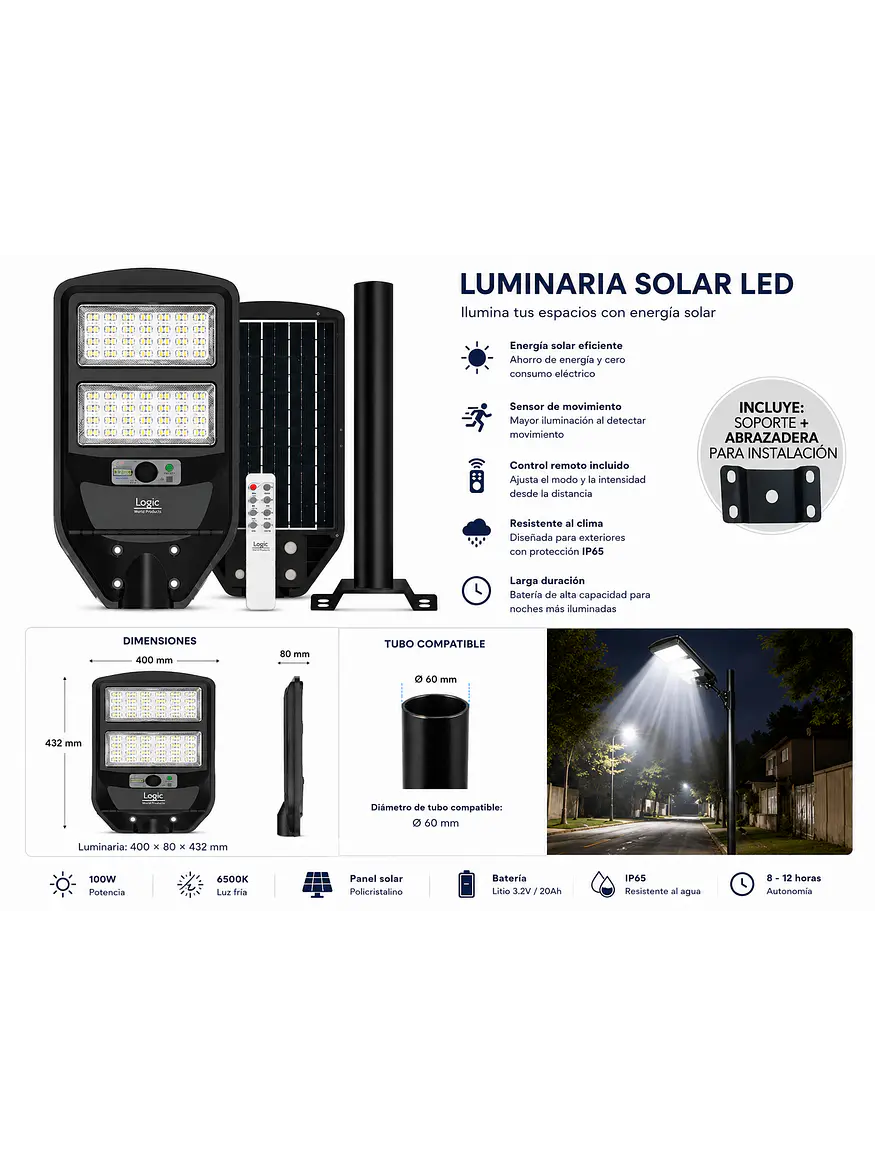 Luminaria Solar Peatonal S02 NEW 100W Luz Fría Sensor Movimiento IP65 3