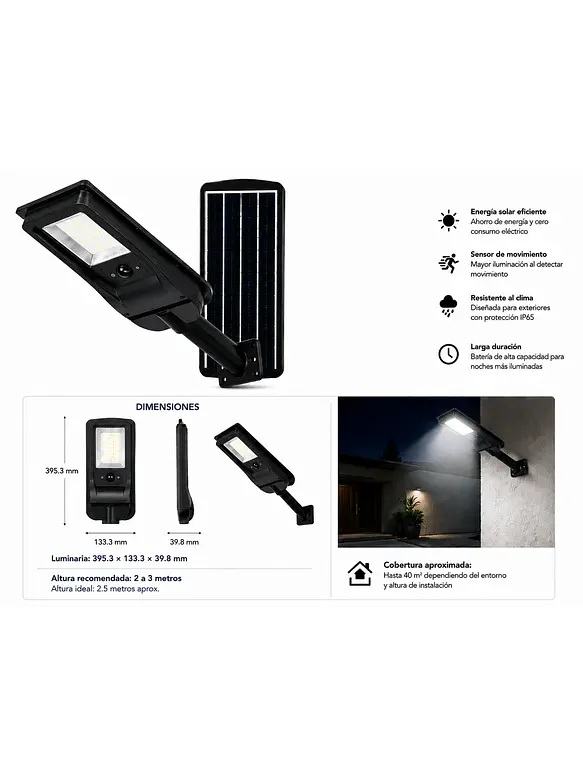 Luminaria Solar Peatonal Soluz 20W Luz Fría Sensor Movimiento IP65 3