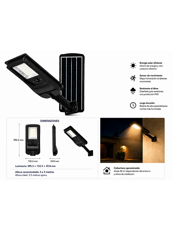 Luminaria Solar Peatonal Soluz 20W Luz Cálida Sensor Movimiento IP65 3