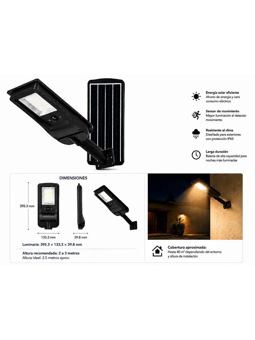 Luminaria Solar Peatonal Soluz 20W Luz Cálida Sensor Movimiento IP65 3