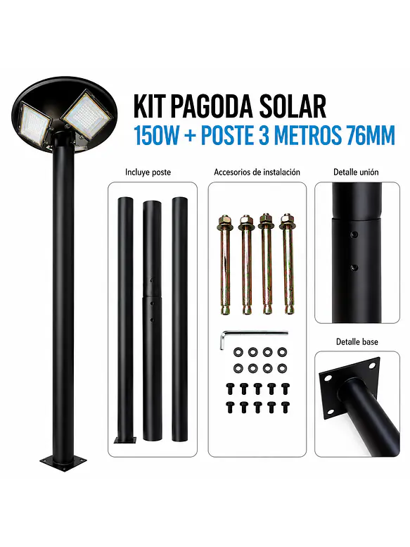 Kit Pagoda Solar S07 150W Luz Cálida + Poste 3 Metros 1