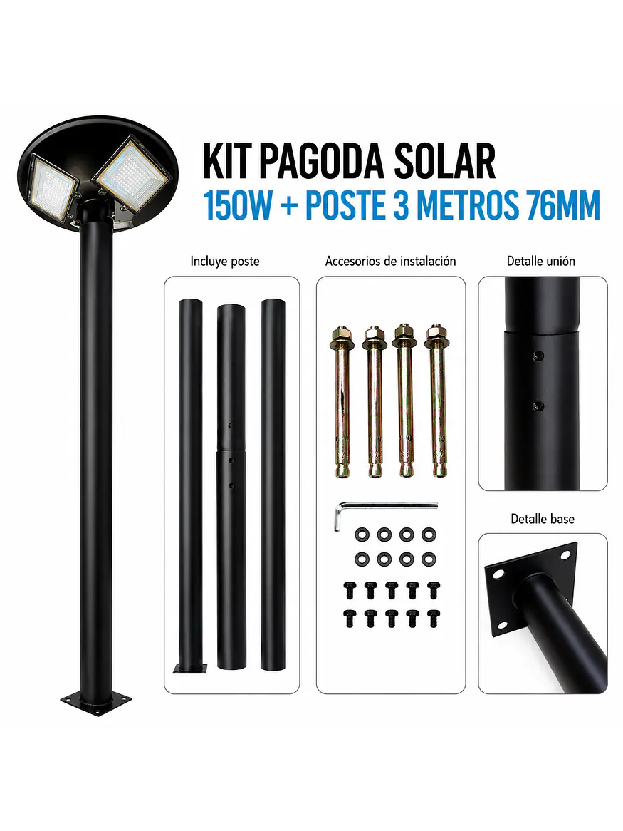Kit Pagoda Solar S07 150W Luz Cálida + Poste 3 Metros 1