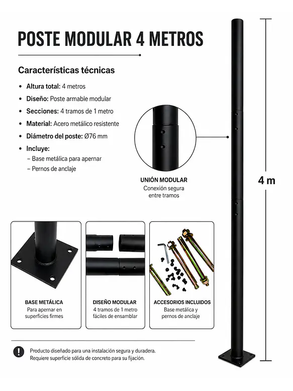 Poste Metálico Armable 4 Metros Ø76 mm 1