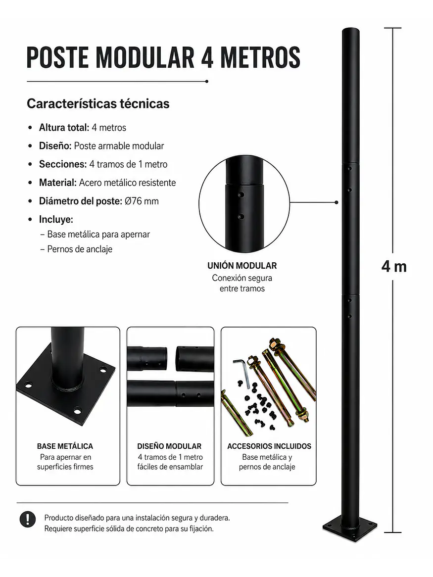 Poste Metálico Armable 4 Metros Ø76 mm 1