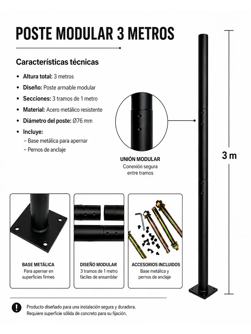 Poste Metálico Galvanizado 3 Metros Ø76mm 1
