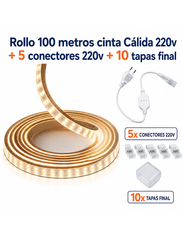 Cinta LED 220V Luz Cálida IP65 Rollo 100M 1
