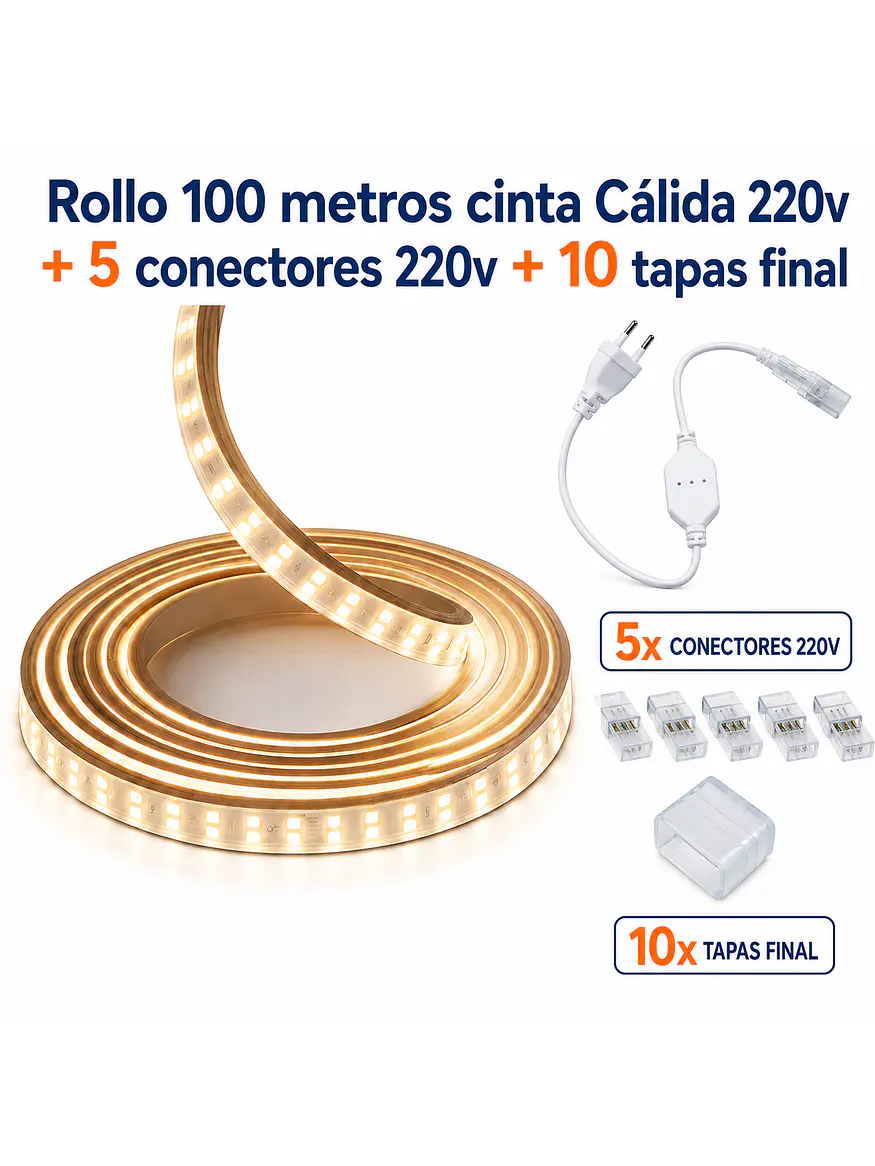 Cinta LED 220V Luz Cálida IP65 Rollo 100M 1