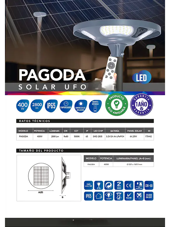 Luminaria SOLAR LED Pagoda UFO 400W 5000K IP65 c/control remoto (LIQUIDACIÓN) 4