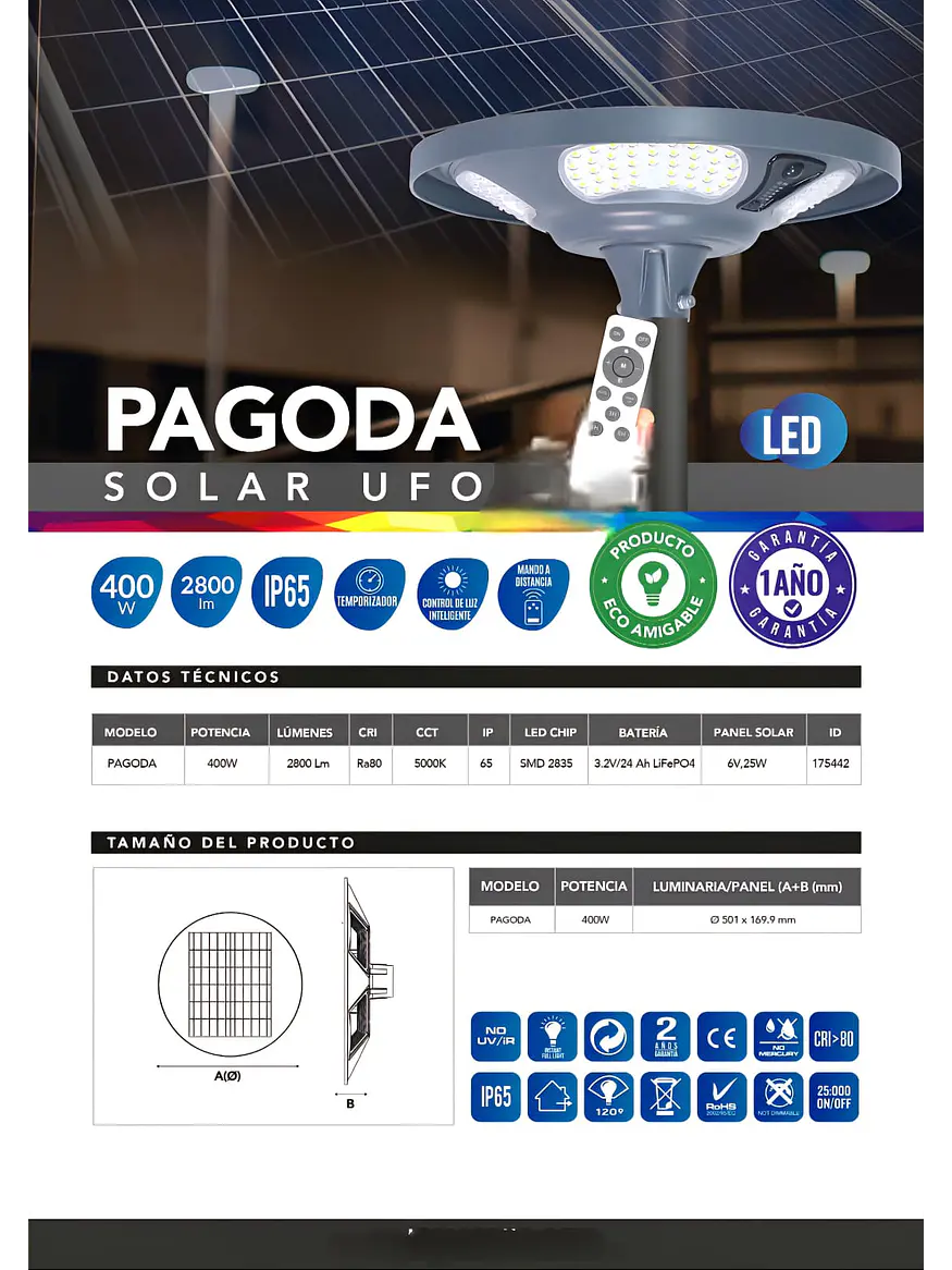 Luminaria SOLAR LED Pagoda UFO 400W 5000K IP65 c/control remoto (LIQUIDACIÓN) 4