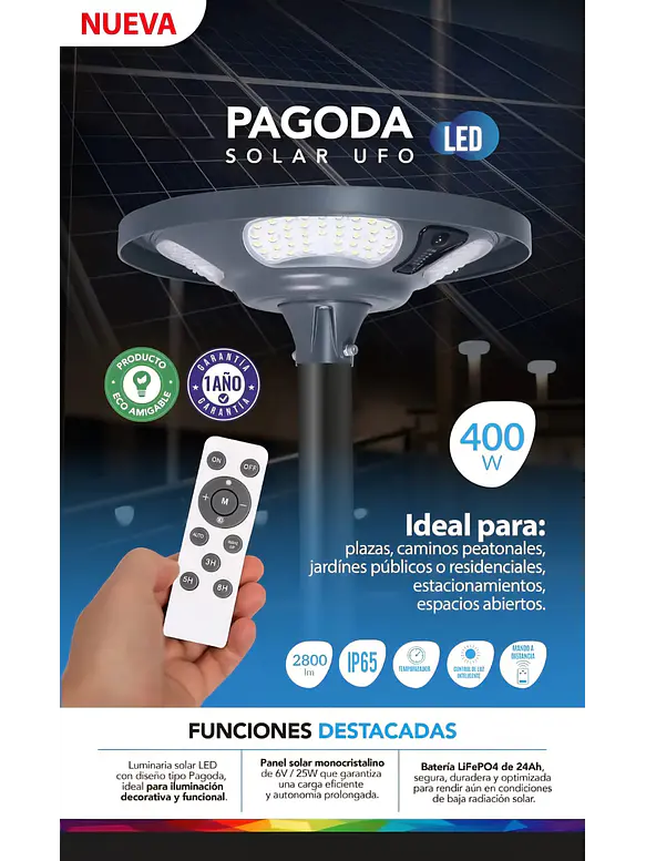 Luminaria SOLAR LED Pagoda UFO 400W 5000K IP65 c/control remoto (LIQUIDACIÓN) 6
