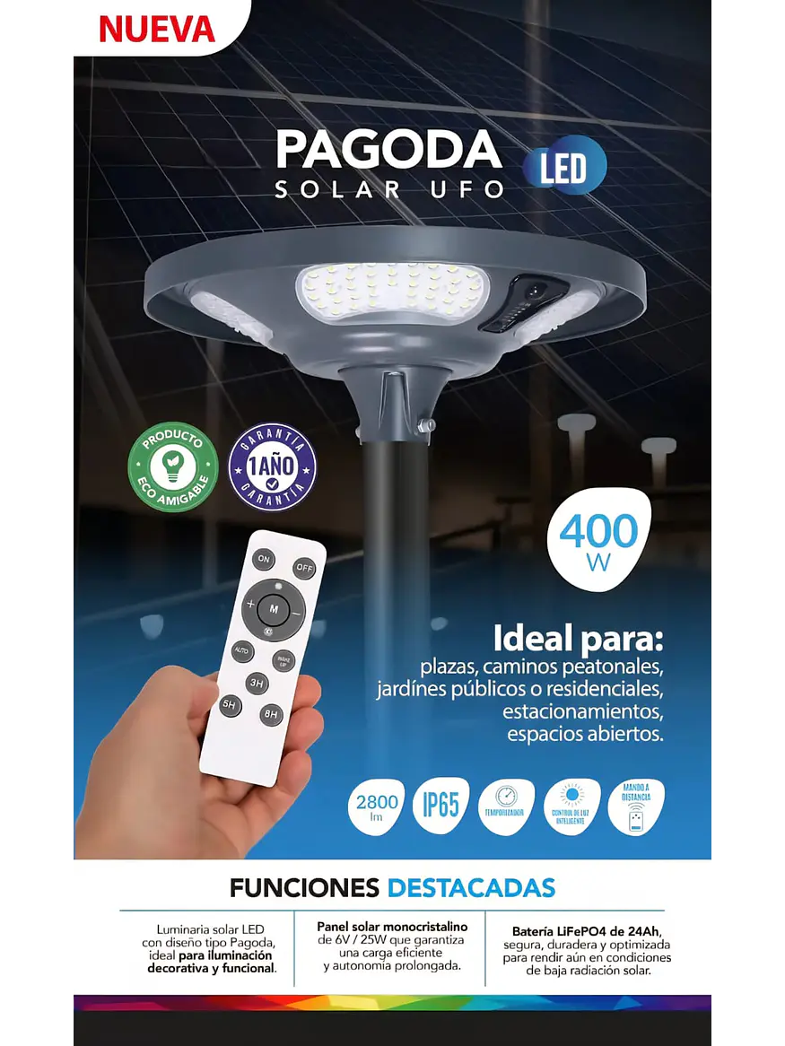 Luminaria SOLAR LED Pagoda UFO 400W 5000K IP65 c/control remoto (LIQUIDACIÓN) 6