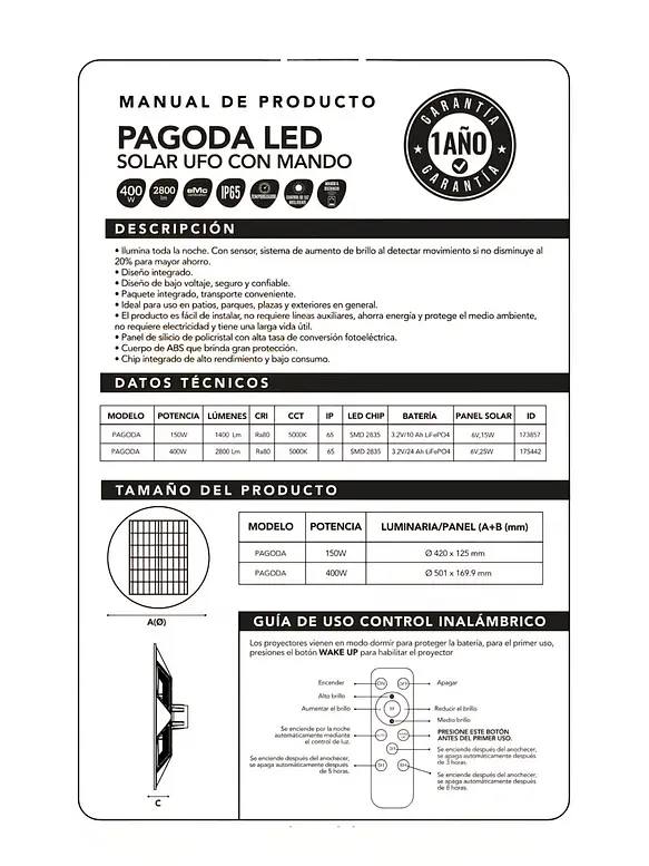 Luminaria SOLAR LED Pagoda UFO 400W 5000K IP65 c/control remoto (LIQUIDACIÓN) 7
