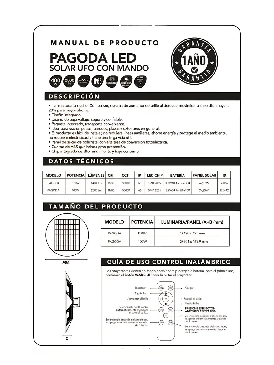 Luminaria SOLAR LED Pagoda UFO 400W 5000K IP65 c/control remoto (LIQUIDACIÓN) 7