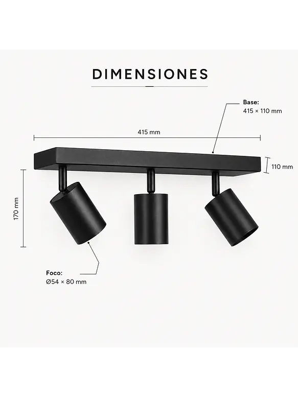 Foco Sobrepuesto Muro/Techo Negro Triple GU10 Dirigible 3