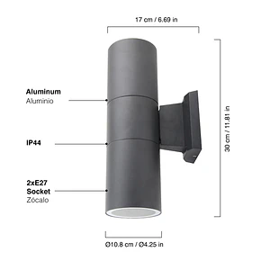 Aplique Muro Exterior Bidireccional 2xE27 IP44 Negro (LIQUIDACION) - Última Unidad