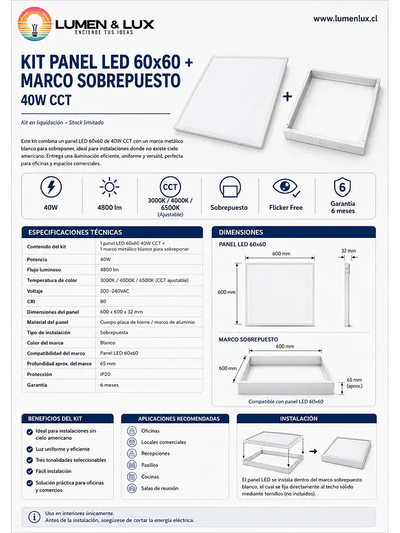 KIT LIQUIDACIÓN Panel LED 60x60 40W CCT + Marco Metálico Blanco Sobrepuesto 3