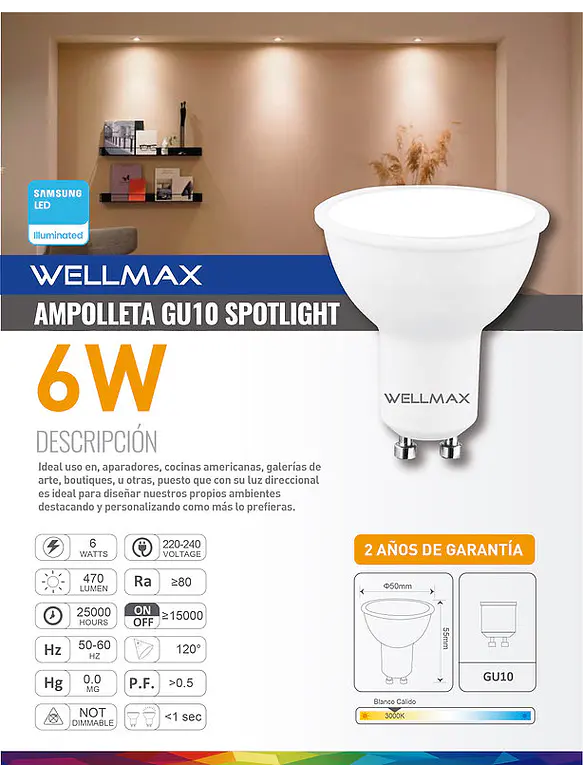 Pack 10 Ampolletas LED GU10 6W Luz Cálida 3000K SEC 4
