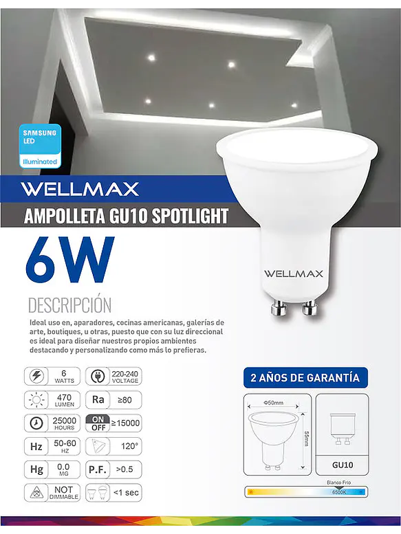 Pack 10 Ampolletas LED GU10 6W Luz Fría 6500K SEC 4